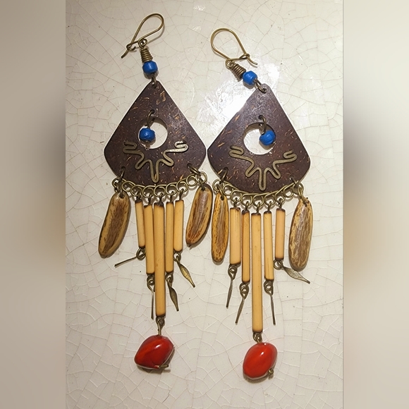 Bohemian Egyptian revival wood, bronze, triangle, blue red bead fringe earrings - Picture 3 of 7